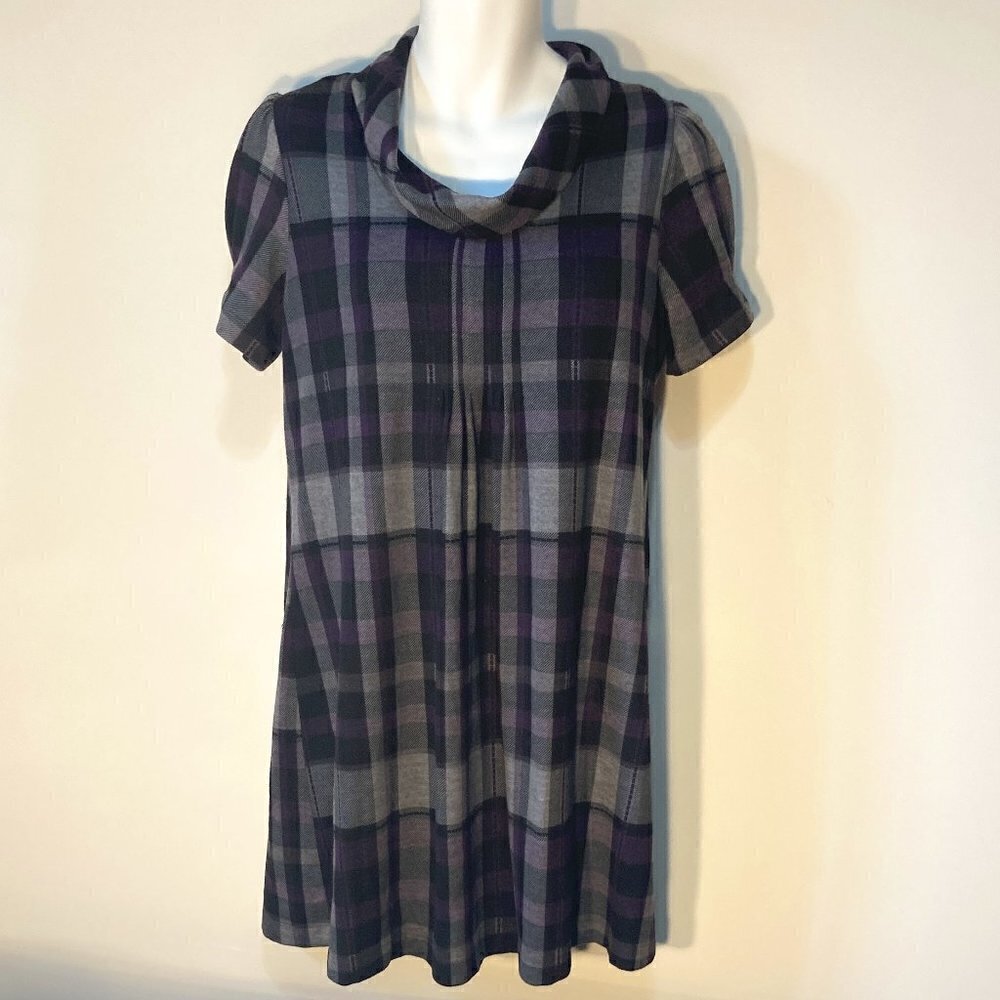 JH SZ PL Gray & Purple Plaid Dress Career Dark Academia Heritage 60's Preppy